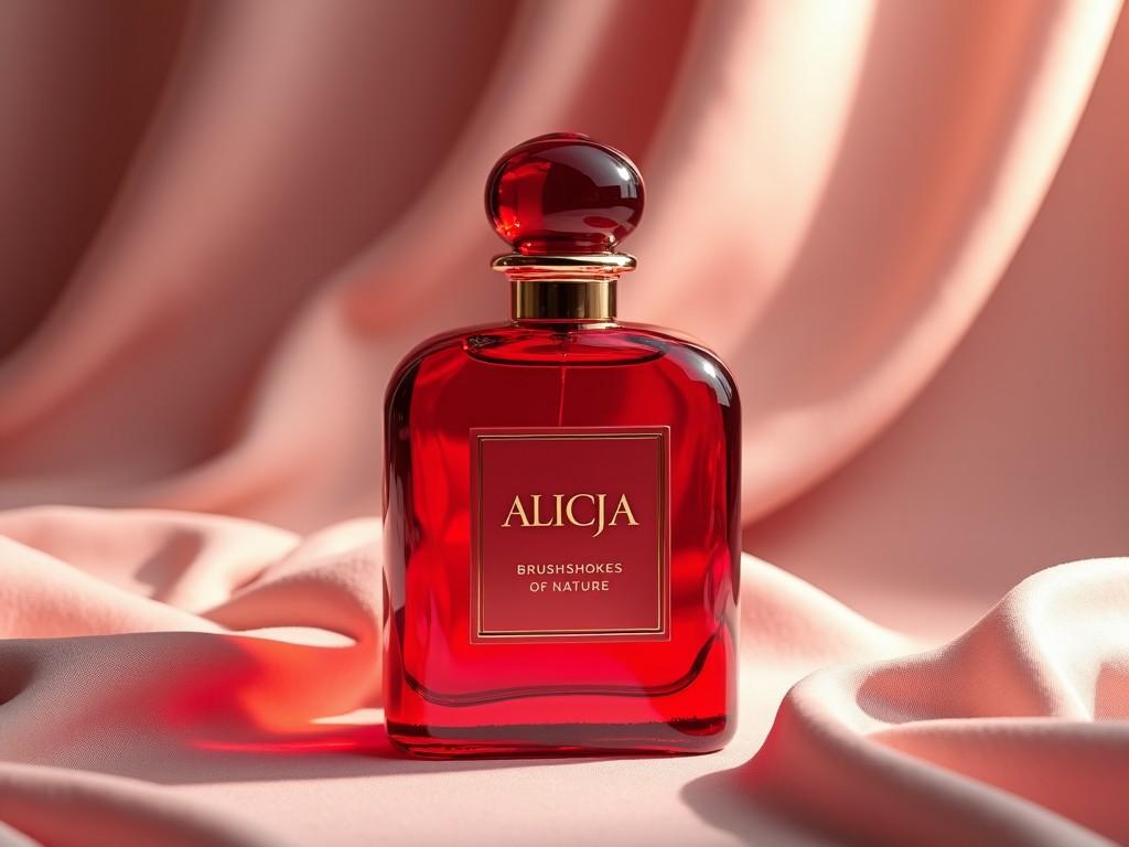 This image features a luxurious perfume bottle named 'Alicja'. The bottle has a deep red color and a classic design with a round topper. It is positioned elegantly on a soft, pink fabric background that adds a touch of sophistication. The lighting is soft and diffused, highlighting the contours of the bottle. The label reads 'Brushstrokes of Nature', suggesting a connection to natural scents or ingredients. This image captures an essence of elegance and beauty, perfect for a high-end fragrance advertisement.