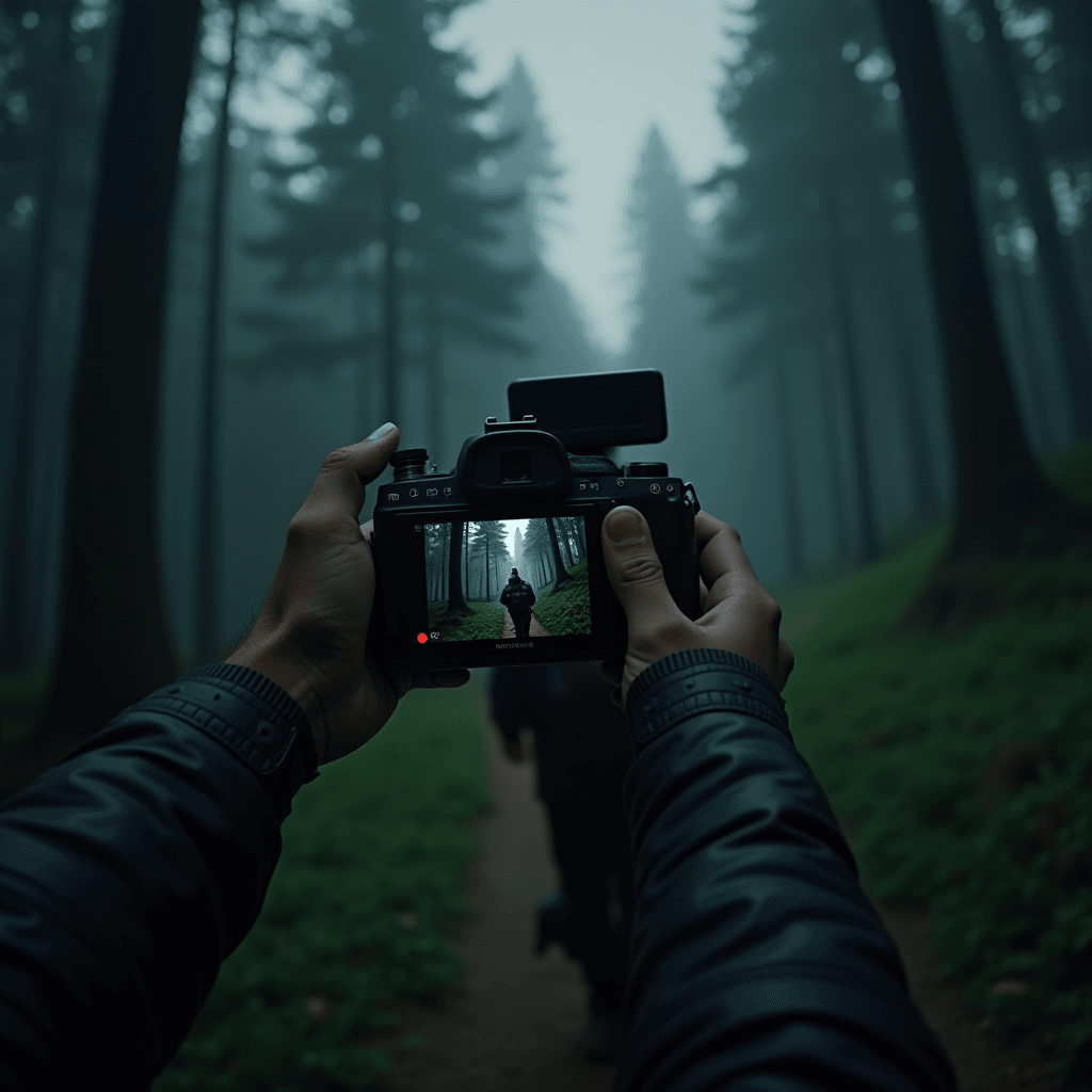 In this image, a person is holding a camera, capturing the serene atmosphere of a forest shrouded in mist. The focus is on the camera's screen, which displays the scene being photographed: a lone figure walking along a path lined with dense green foliage and towering trees. The entire setting is enveloped in a soft, diffused light, creating a mystical and tranquil ambiance. The colors are muted, with a predominance of greens and browns, typical of a misty, woodland environment.