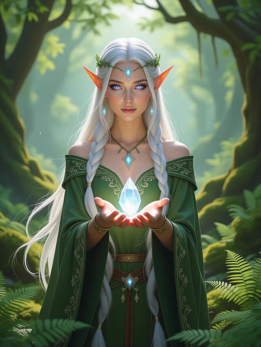A graceful high elf woman stands in an ancient forest glade. Soft morning light filters through the canopy. She has iridescent skin and long silver hair braided with vines. Her ears are pointed and adorned with golden cuffs. She wears a moss-green robe with embroidery. A silver brooch shaped like a crescent moon fastens her robe. She cups her hands around a glowing crystal. The background has richly detailed ferns and mist. The camera angle is a medium portrait from below.