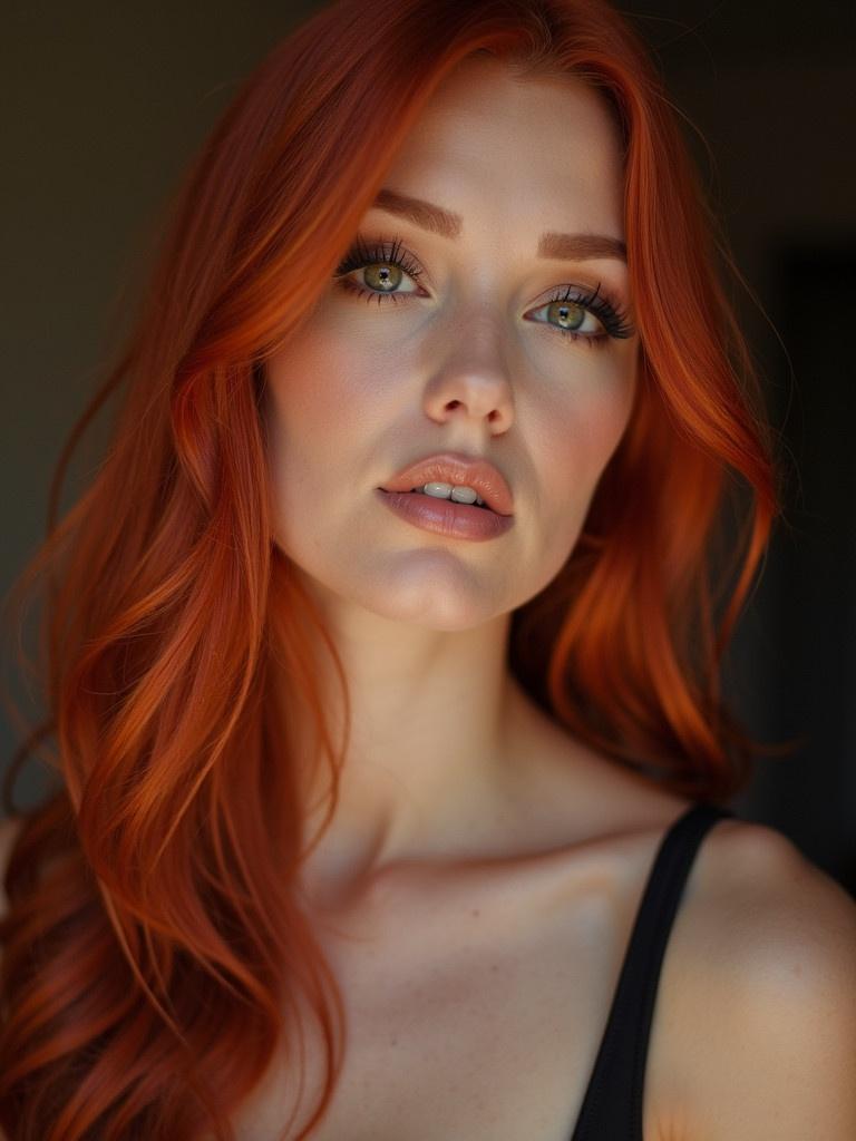 Captivating portrait featuring a woman with striking red hair and elegant makeup.