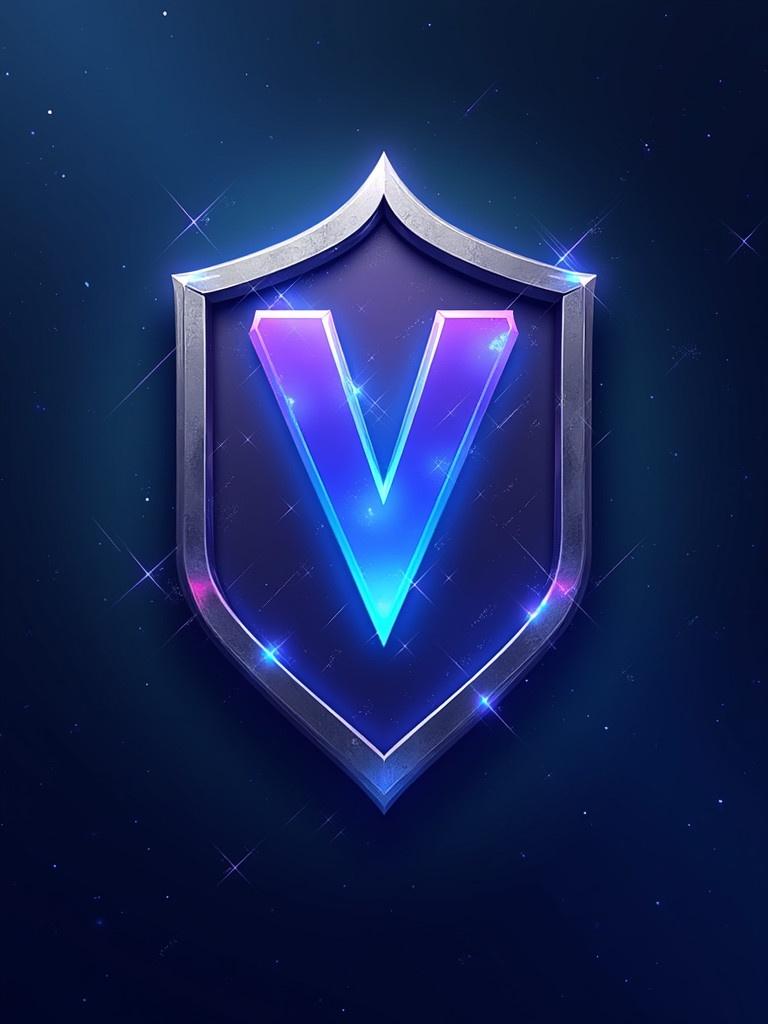 A stunning banner for Twitch featuring a vibrant dark blue and silver gradient background. The centerpiece is a stylized letter V enclosed in a metallic shield design. A glowing effect enhances the visual appeal, targeting gamers with a dynamic aesthetic.