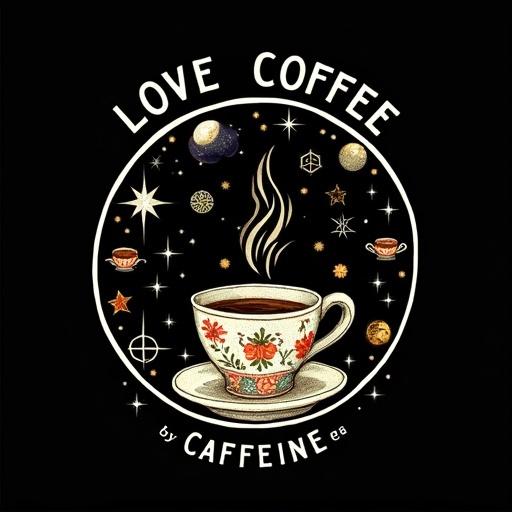 A black background features a white circular design. Centered is a drawing of a hot beverage cup. The cup has a colorful floral design. Surrounding are celestial elements like stars and a moon. Above the cup is the phrase 'ILOVE COFFEE BOSSED BY CAFFEINE' in bold white letters.