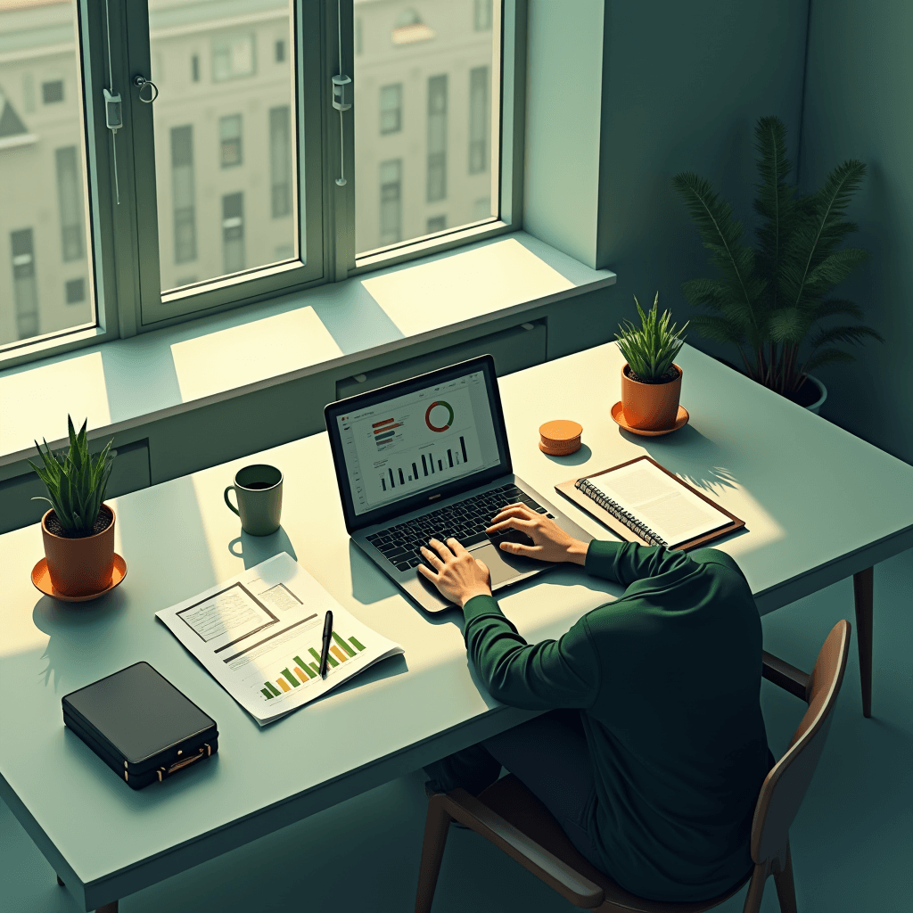 A person is working at a desk with a laptop displaying graphs and charts, surrounded by plants and papers.