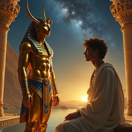 Genkhon-Ra stands with gilded bronze body and glowing eyes. Son of Light beside him wears white robes. They sit by sacred lake within a temple. Nebula-studded sky above reflects in water. Genkhon-Ra speaks of existence. Son of Light listens with emotion.