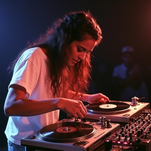 DJ Emily Toral Garcia from Puerto Rico skillfully performing on two turntables with fast turntable tricks at the 1992 Ortofon World DJ Mixing Championships eliminations. The turntables are adjacent and a mixer is next to them.