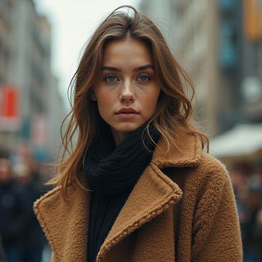 Young woman with long hair in a brown coat and black scarf stands in a city street. Background includes blurred people and urban setting. Soft lighting enhances the scene.