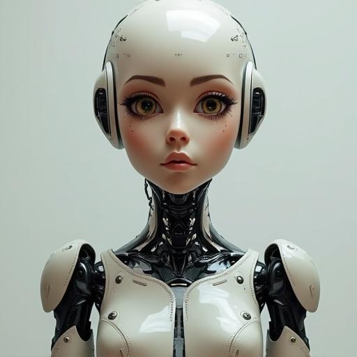 A robot girl designed with a human face. The robot features intricate mechanical components visible beneath a smooth exterior. She has wide eyes and soft facial features. The setting is neutral to emphasize the figure. She is wearing stylish clothing that fits over synthetic skin. The perspective is frontal, capturing the full body from a slight angle.
