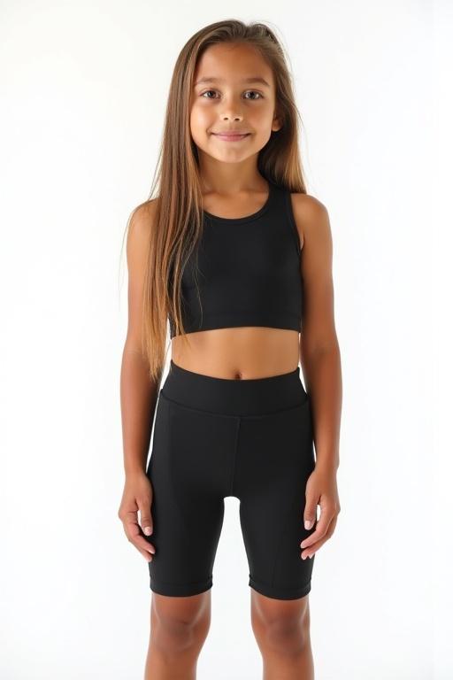 A beautiful caucasian girl age 10 is standing wearing a crop top and lycra cycling shorts. Long strait hair. Beautiful big eyes. Beautiful tanned skin. Standing in front of a white background.