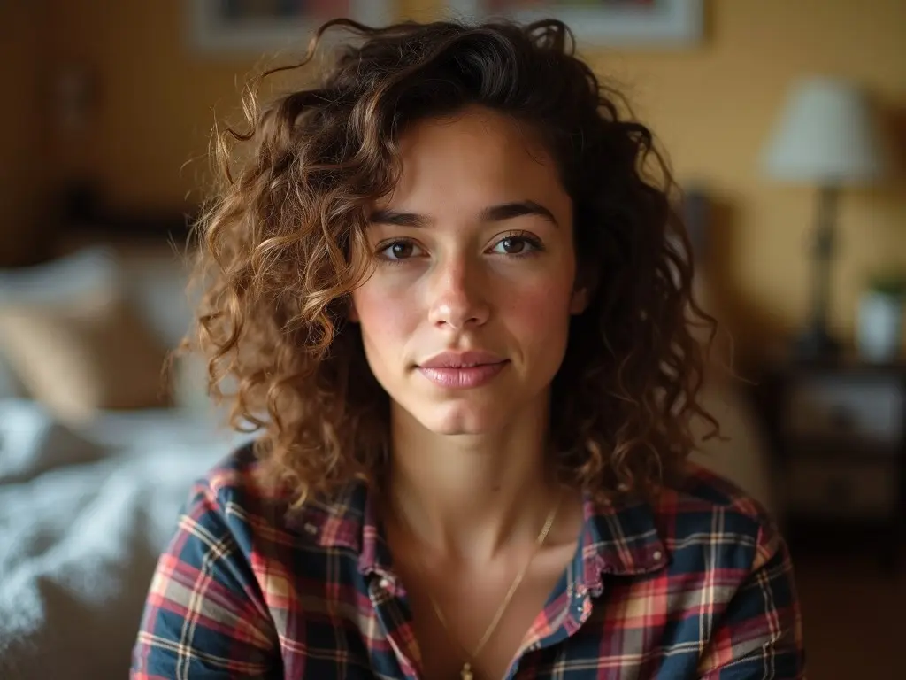 A young woman with curly hair sits confidently, gazing at the camera in a warm indoor setting. She is wearing a plaid shirt that adds a casual, stylish touch. The background features soft colors and cozy decor, suggesting a comfortable atmosphere. The natural light beautifully illuminates her features, enhancing her confident expression. This portrait captures her authenticity and charm, making it perfect for lifestyle content.