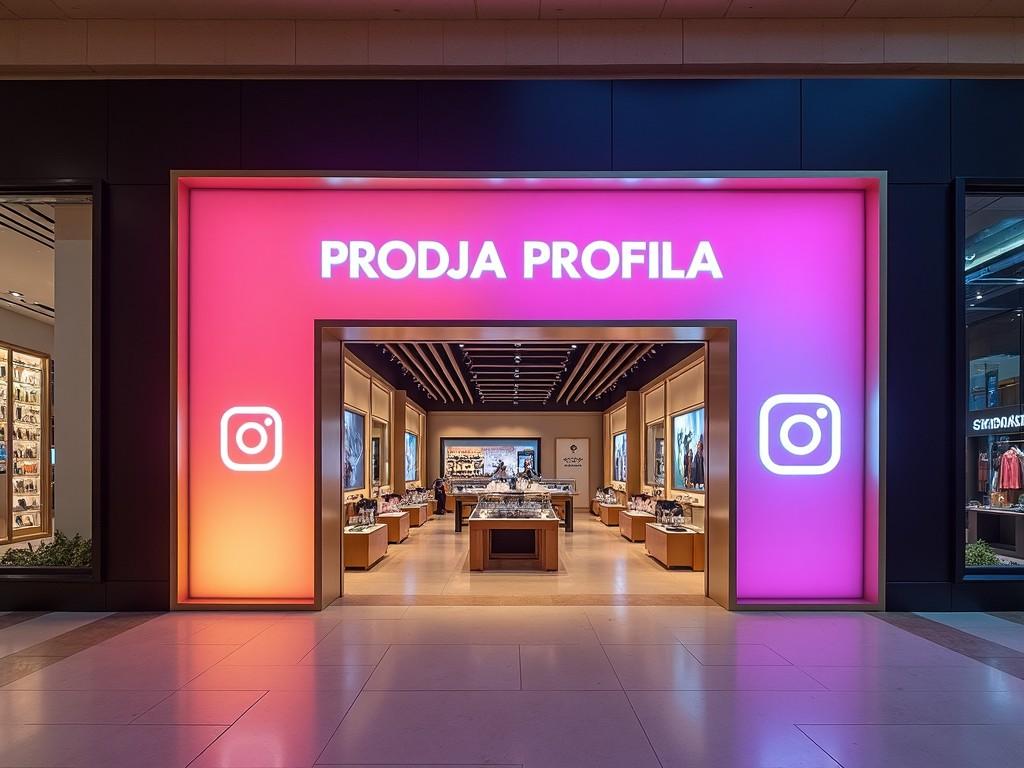 This image features a vibrant retail store entrance showcasing modern design elements. The facade is illuminated with a gradient of purple to orange, capturing attention from passersby. Large white text reads 'PRODJA PROFILA,' indicating the store name. Flanking the entrance are recognizable Instagram logos, integrating social media into the retail experience. Inside, shelves filled with products are visible, suggesting a trendy shopping environment. The overall ambiance is inviting and contemporary, appealing to a young audience.