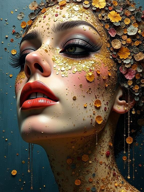 A close-up portrait with a face adorned in gold and floral embellishments. The artistic style combines various textures and mixed media elements. The composition is rich and layered, depicting a stunning and beautiful image with depth and surface detail.