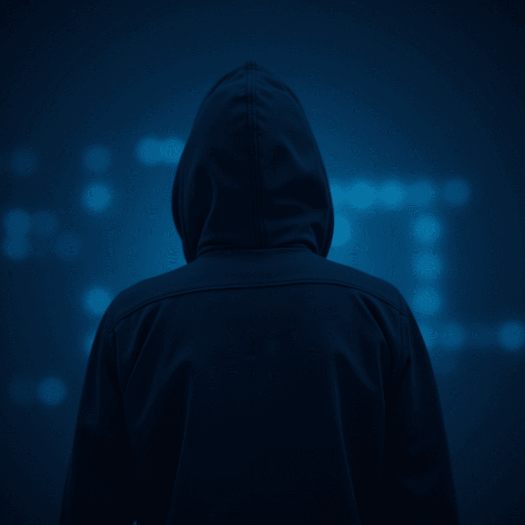 The image depicts a person wearing a dark hoodie, viewed from the back, standing in a dimly lit environment. The background features an array of out-of-focus blue lights, giving the impression of a digital or cyber setting. The scene conveys a sense of mystery, suggesting themes of hacking or anonymity.