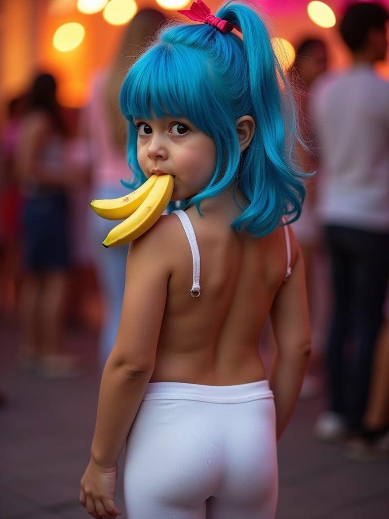 A child with blue hair attends a party. The child wears white leggings. The child looks back at the camera. Two bananas are held in the mouth. The back of the child is visible.