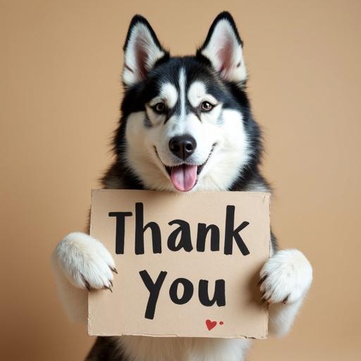 A husky dog smiles while holding a sign that says thank you. The background is a warm brown color. The husky's fur is black and white. The dog appears happy and friendly. It holds the sign with its paws.