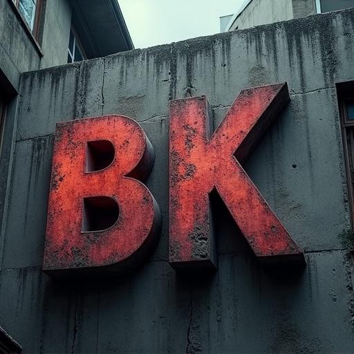 BK logo created using reinforced concrete style. Brutalist aesthetic with weathered textures. Cinematic lighting enhances high contrast features. Details include Victorian and Spanish architectural hints. Hyper-realistic 3D render gives it an ominous atmosphere.