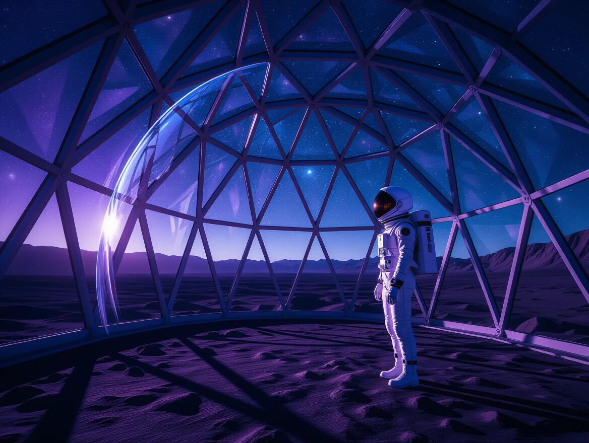 A transparent glass dome in an alien landscape. A female figure in a white spacesuit stands inside. She gazes at the star-filled night sky. The landscape outside shimmers with purple and blue light. Dome's beams create geometric patterns. The spacesuit reflects cosmic light. Dramatic lighting with sharp focus.