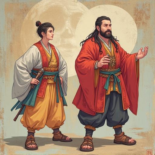 Depiction of two figures wearing traditional Asian clothing. The individuals stand confidently with distinctive hairstyles. They are adorned with colorful sashes and accessories. Background reflects a serene atmosphere. Visual style is detailed and vibrant.