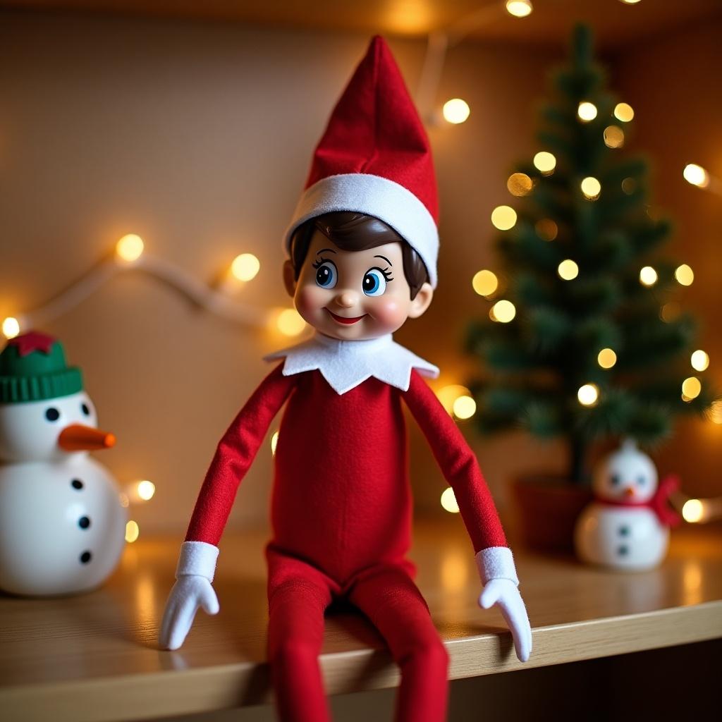 Image shows Elf on the Shelf on wooden shelf. Elf wears red outfit with white accents. Background features glowing lights and small Christmas tree. Shelf has a snowman decoration. Scene conveys holiday spirit and warmth.