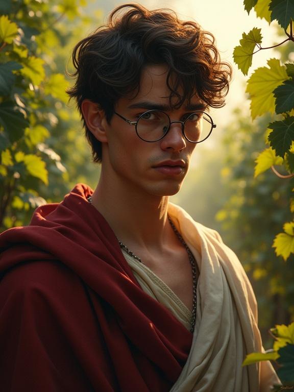 A young man in his early twenties wearing round glasses and Greek robes stands outdoors among vines during golden hour light. His expression is worried and pensive, capturing a moment of introspection. The portrait has a semi-realistic style and dark heroic fantasy elements.