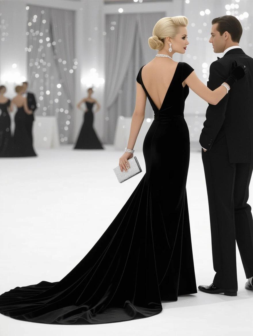 Back view of a woman in a long black evening gown at a ballroom. She has a platinum blonde updo hairstyle and diamond jewelry. High heels enhance her legs. She holds a silver clutch and the arm of a man. The scene captures mid-century sophistication and leisure.