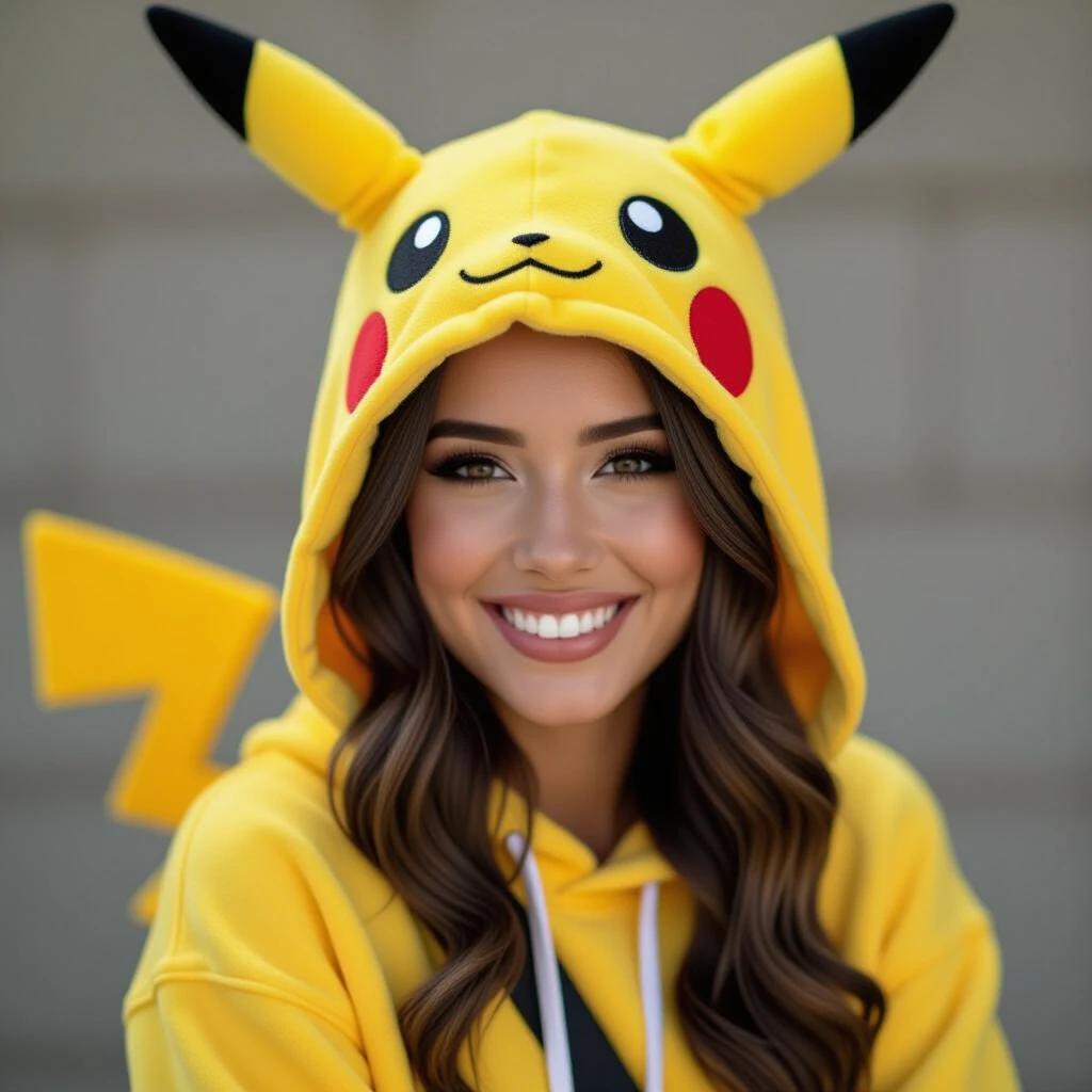 Latina Colombian woman wearing a Pikachu cosplay hoodie. Bright yellow colors with iconic Pikachu features. Lightly styled hair cascading around shoulders. Hoodie ears and tail adding charm and recognition.