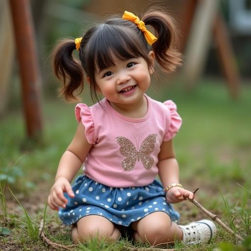 Casual photo of an adorable girl with round cheeks and big eyes. She has twin pigtails with a yellow bow. Girl is giggling, one hand holding a twig. She wears a pink butterfly shirt and a blue polka dot skirt. Grass stains on her sneakers. Background shows a swing set. Image taken outdoors in an overgrown yard.