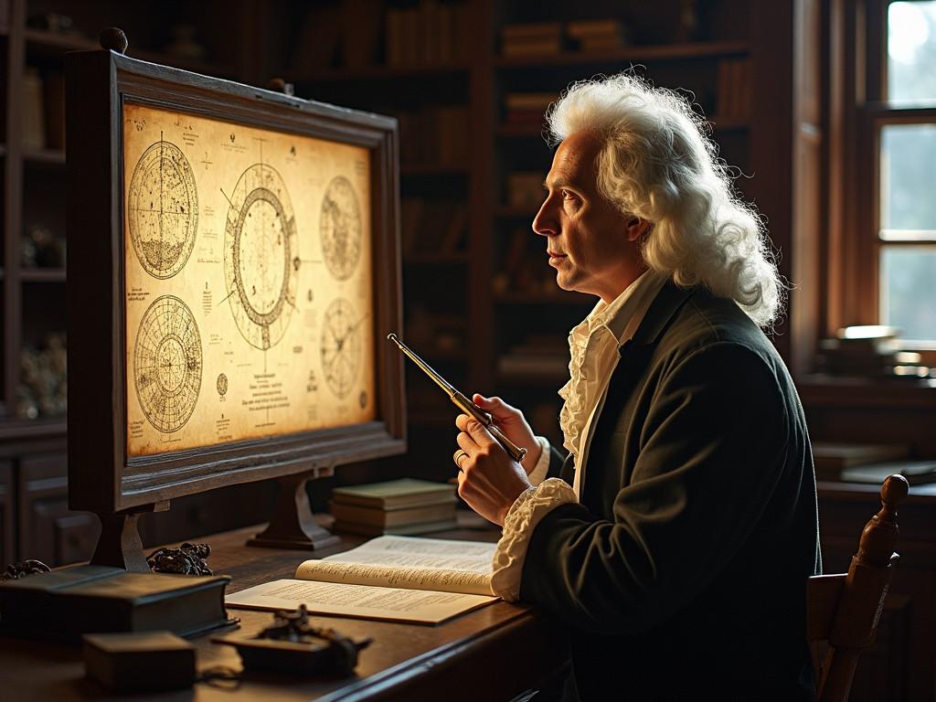 The image depicts a historical figure engrossed in the study of an old celestial chart. The setting is a rustic library filled with books and scientific instruments. The figure has long, flowing hair and is dressed in period-appropriate attire. Soft lighting accentuates the details of the chart, creating a sense of reverence and curiosity. The atmosphere suggests a moment of discovery in the realm of astronomy.