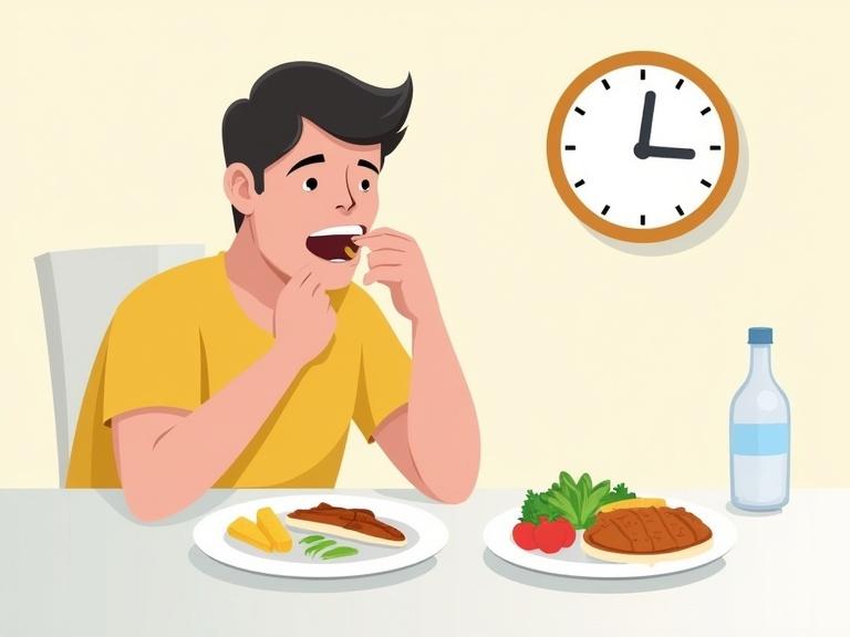 Illustration shows a person concentrating on eating a small portion of vegetables and lean protein. A clock on the wall indicates time. Focus on exaggerated chewing motion. Dining setting with bright colors.