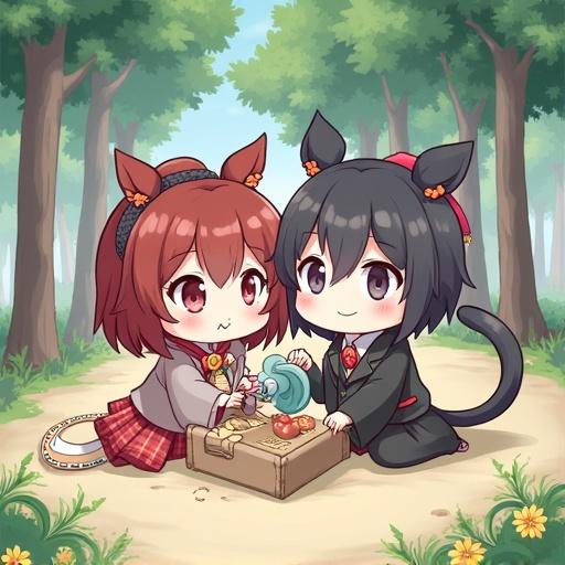Two chibi characters with animal ears sit in a forest. They play with a small box filled with items. The environment is vibrant and cheerful with trees and flowers.
