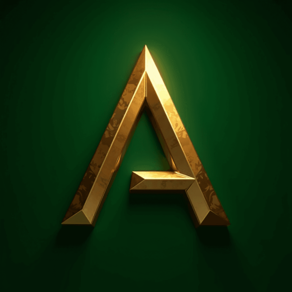 A bold golden letter 'A' is displayed against a dark green background.