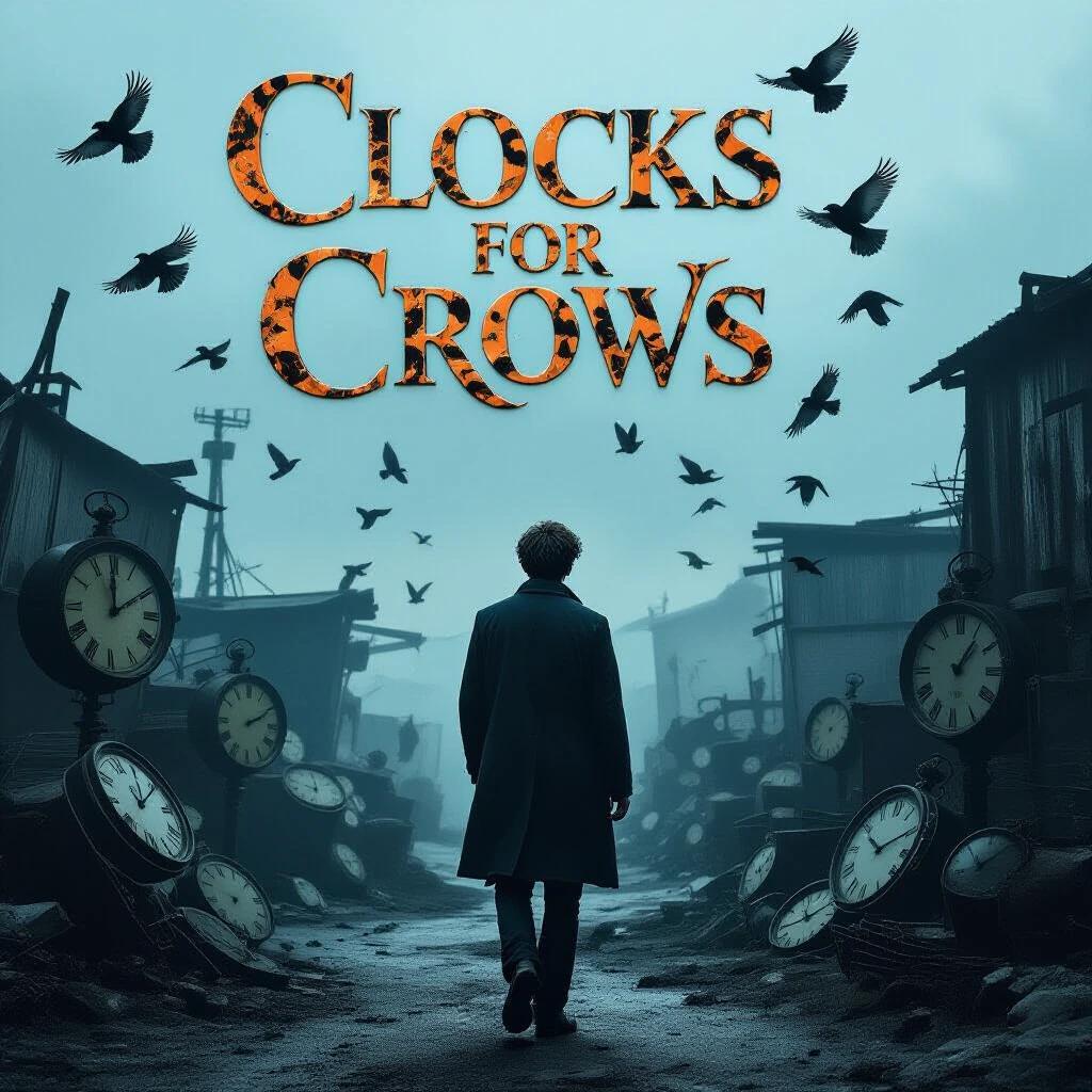 Movie poster for CLOCKS FOR CROWS. Title in rusted pocketwatch-inspired serif. Character wanders a scrapyard filled with ticking clocks. Crows flying overhead. Overcast soft lighting creates shadowless tones. High detail reflections of timepieces in the background.