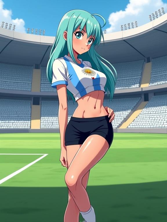 A digital anime illustration of a female character in an Argentinian National soccer jersey and black shorts. She strikes a flirtatious pose with one leg raised at a professional stadium. The scene features empty seats, a green grass pitch, and floodlight structures with soft lighting.