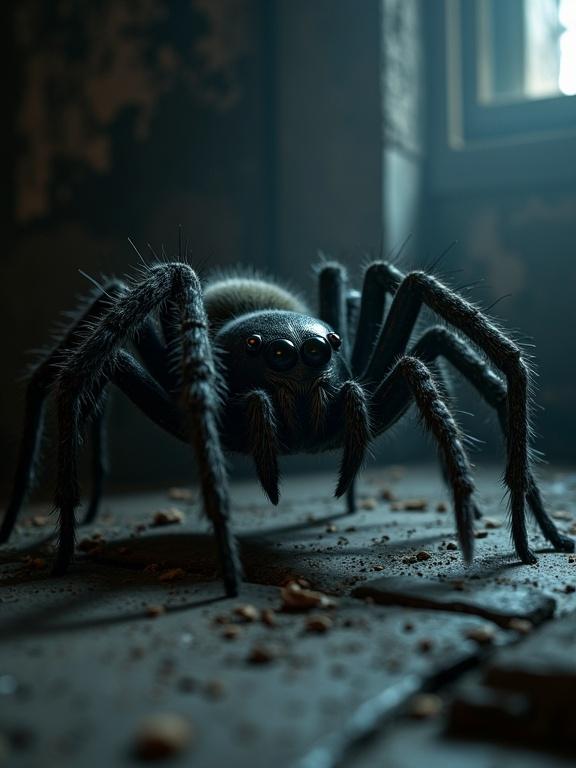 Large spider with big eyes and hairy legs in a dark corner. Dramatic shadowing to enhance a spooky style.