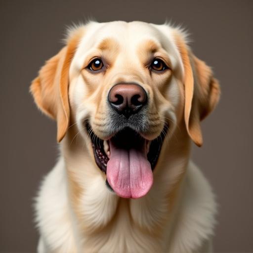 Blonde Labrador showing a joyful facial expression with tongue out.