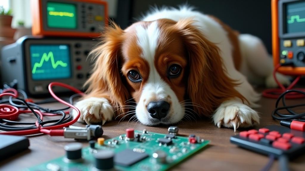 A Cavalier King Charles Spaniel is curiously focused on a DIY electronics project. The dog is surrounded by various wires and circuit boards laid out on a desk. Next to the dog, there are oscilloscopes and multimeters displaying signals. The scene captures a playful interaction between the pet and an electronics setup. Soft lighting adds warmth to the atmosphere, highlighting the dog's expressive face. This image perfectly blends the themes of technology and pet companionship.