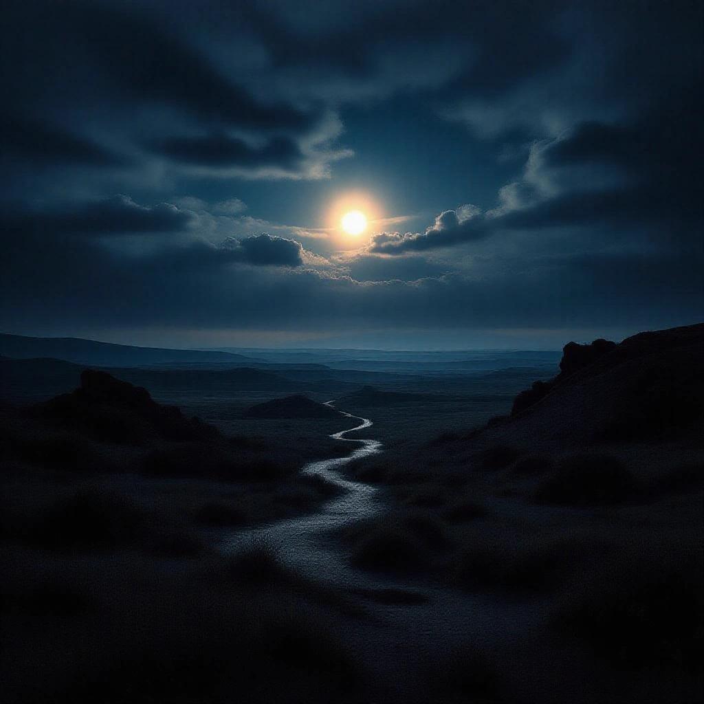 Photograph of a surreal landscape at night. A glowing moon is surrounded by clouds. Dark terrain stretches into the horizon. Ethereal light illuminates the scene.