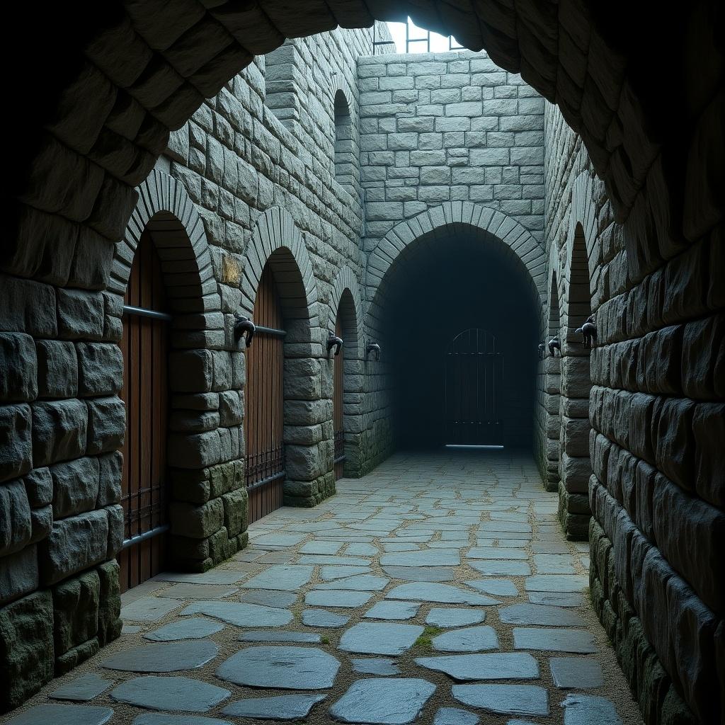 Dungeon interior with stone walls and arches. Dimly lit hallway leads to a wooden gate. Natural stone flooring is visible. Shadowy atmosphere creates a sense of mystery.