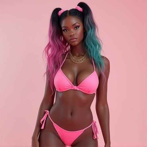 Full body image of a model in a pink bikini. Model has colorful long hair, styled in pigtails. Thick body shape showcased. Photorealistic appearance with neutral background. Flattering pose enhances figure.