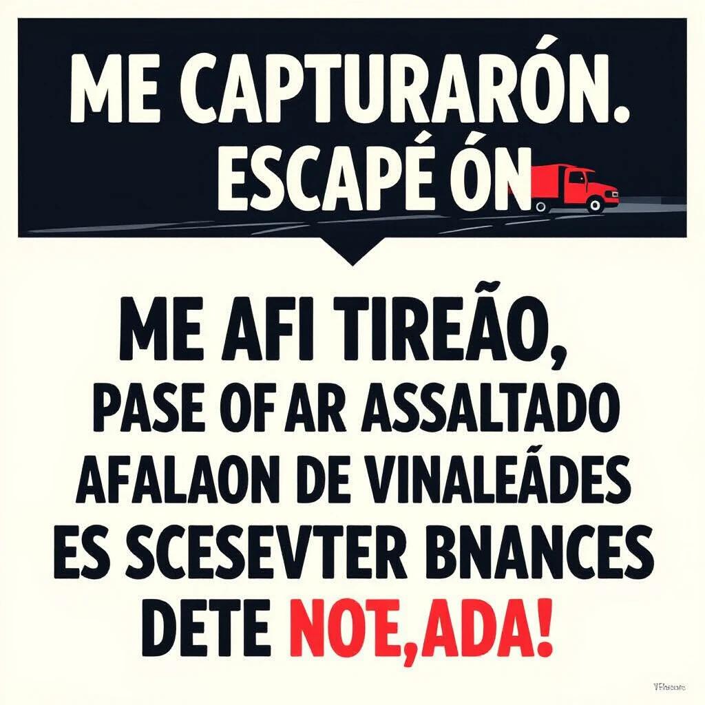 Image shows black screen on left with text saying 'Me capturaron. Me torturaron. Escapé.' On the right, a truck being robbed at night.