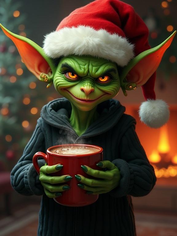 A green-skinned goblin with a sly expression. He wears a red Santa hat and a black ribbed sweater. Goblin holds a steaming mug of hot cocoa. The room is dimly lit with warm bokeh lights. Pointed ears have yellow studs.