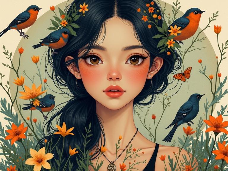 Art piece inspired by a woman surrounded by birds and flowers. Created in a digital painting style. Features a portrait emphasizing facial expression and interaction with nature. Utilizes vibrant colors and aims to evoke a dreamlike mood.