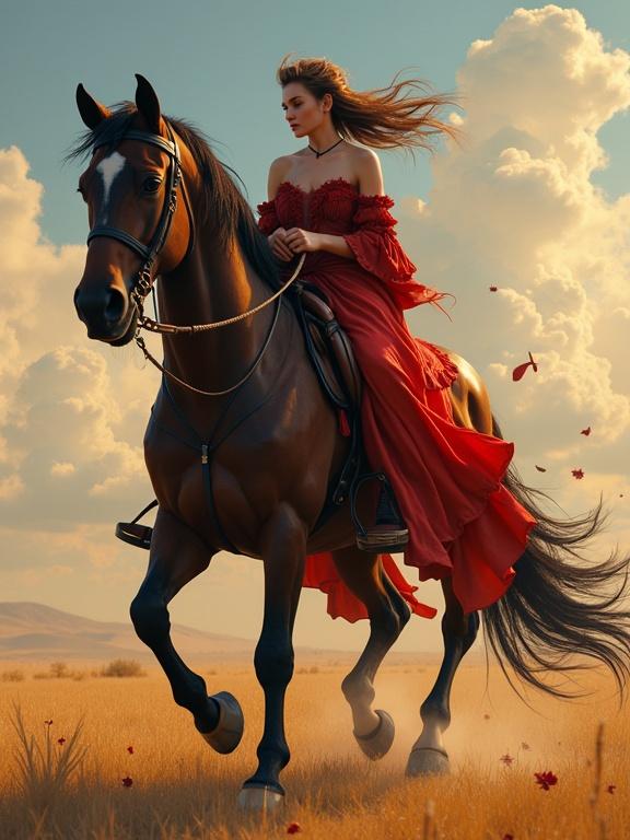 A woman in a flowing red dress riding a horse through a golden field. The scene depicted in a fantasy style with fluffy clouds in the background. The image evokes a sense of freedom and adventure.