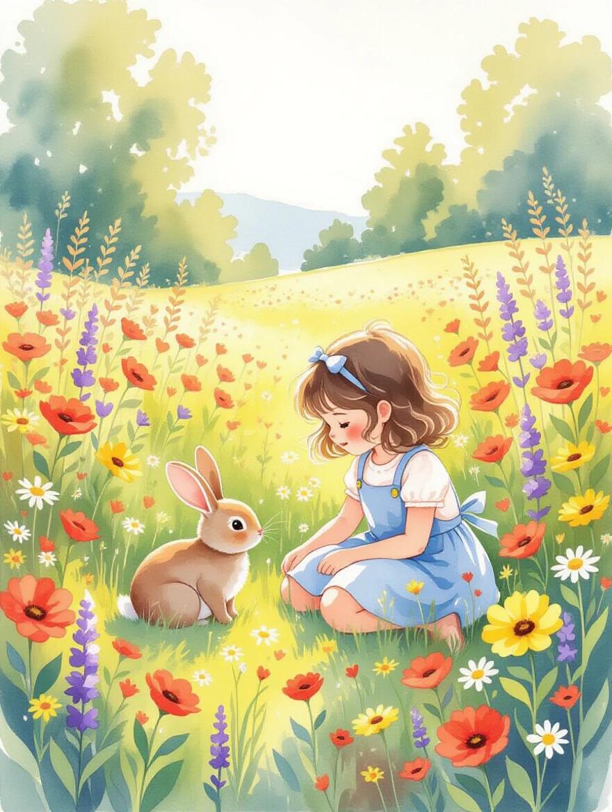A whimsical watercolor painting. A little girl plays with her bunny. They are in a flower-filled field. Flowers in the foreground. Hills in the background. A bright blue sky overhead.