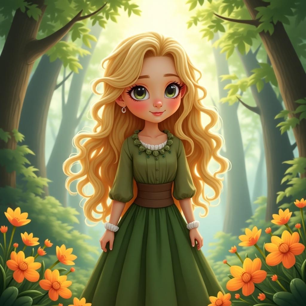 Fantasy illustration of a cute human girl with long blonde slightly curly hair wearing a green and brown dress gown in a magical forest filled with bright flowers and soft lighting.