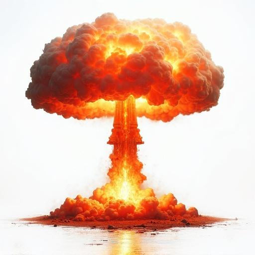 Image depicts a nuclear warhead explosion. White background enhances the fire. Strong visual impact with bright colors. Ideal for educational or military context.