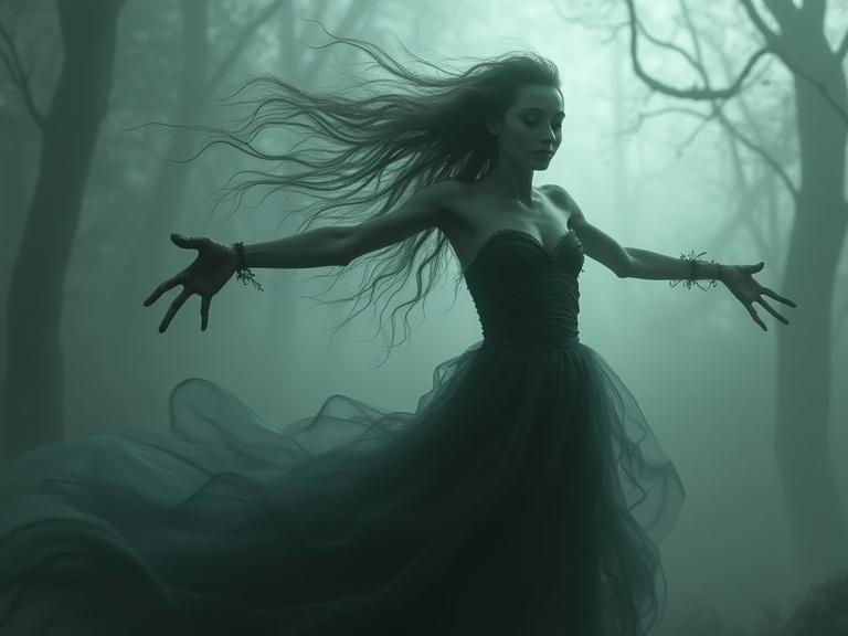 Ethereal banshee queen with flowing hair and a full gown stands in an eerie misty forest. She lunges forward with outstretched arms. The atmosphere is dark and mystical, capturing the essence of fantasy.