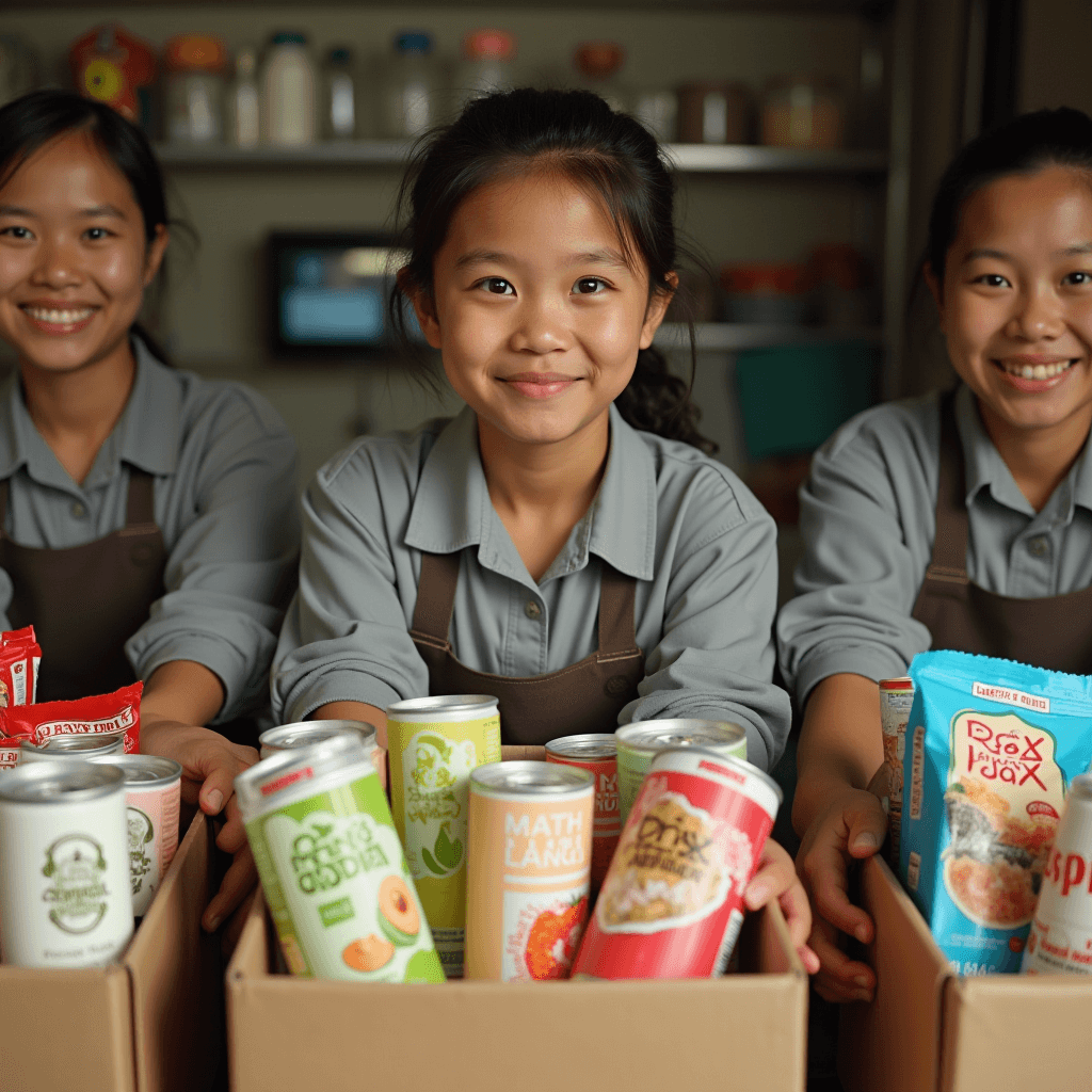 Three young people in aprons are smiling and holding boxes filled with canned food and packaged goods in a kitchen or pantry setting.