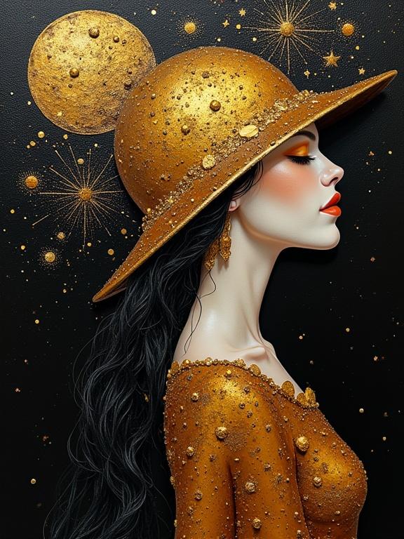 3D representation of a woman in profile. She wears a large hat resembling a lepiote. The artwork combines dripping ink with wet-on-wet techniques. The background features golden stars. The color palette includes bright colors and a black canvas. The composition centers on abstract beauty and high contrast.