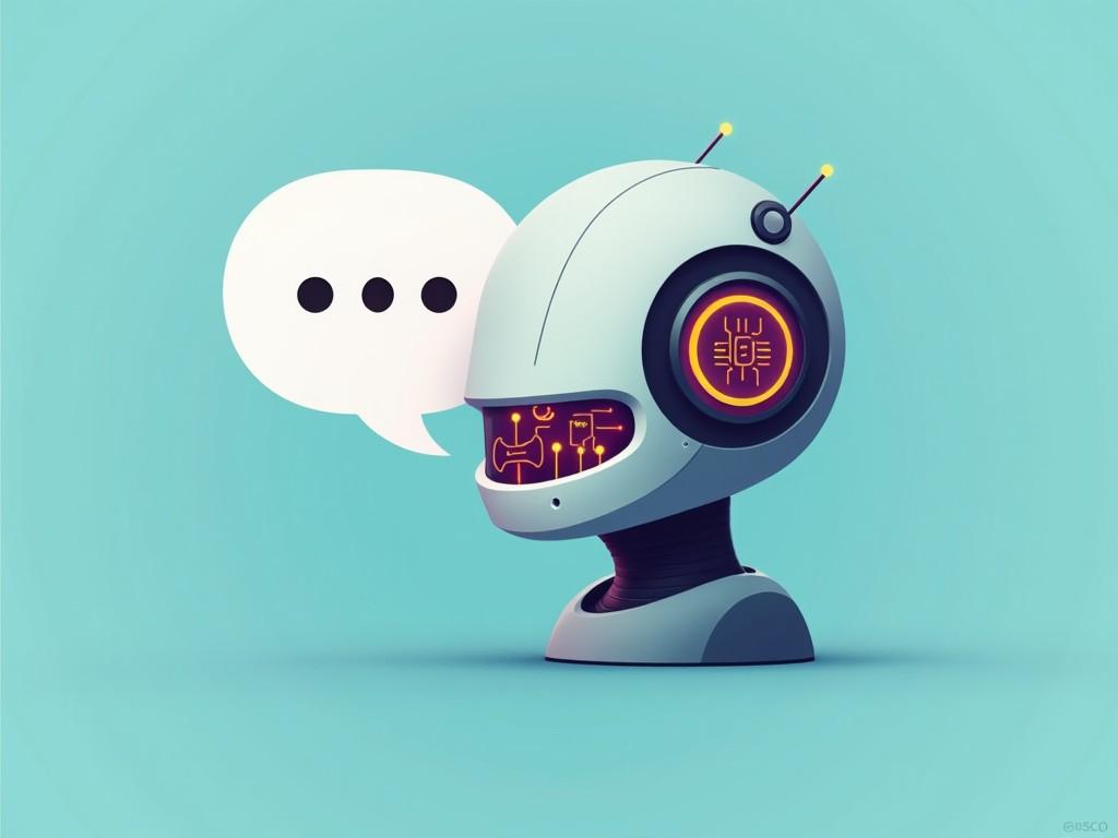 The image features a stylized robot head with a large speech bubble. The design is sleek, showcasing metallic silver with neon accents. Inside the speech bubble, there are small circuit patterns, emphasizing the artificial intelligence theme. The background is a clean, solid color, enhancing the robot's modern appeal. It symbolizes the interaction between users and chatbots, making it ideal for technological or marketing contexts.