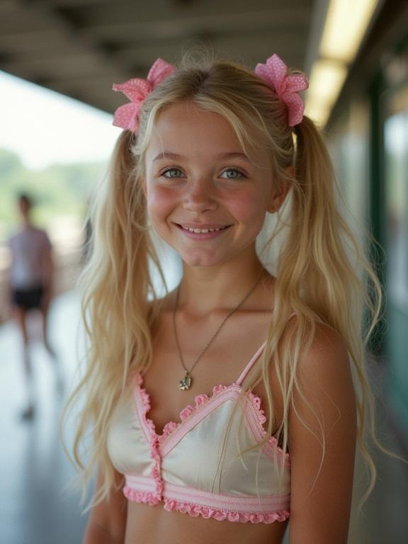A young girl wearing a crop top at a train station. She has blonde hair styled in twin tails with pink bows. The image depicts a low-resolution aesthetic typical of older cellphone photos. Bright colors and a soft focus create a playful vibe.